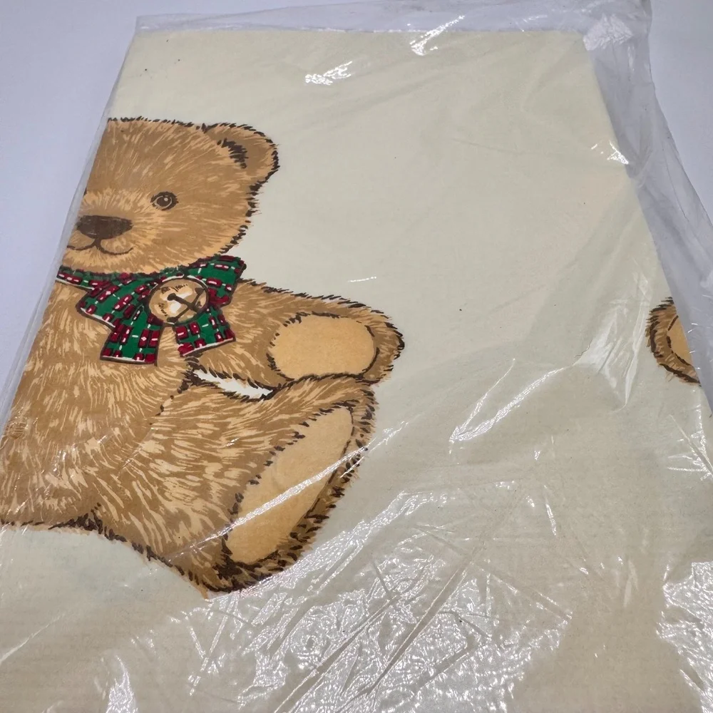 Vintage NOS Hallmark Paper Table Cover Bear Christmas Red Green Plaid 54x102